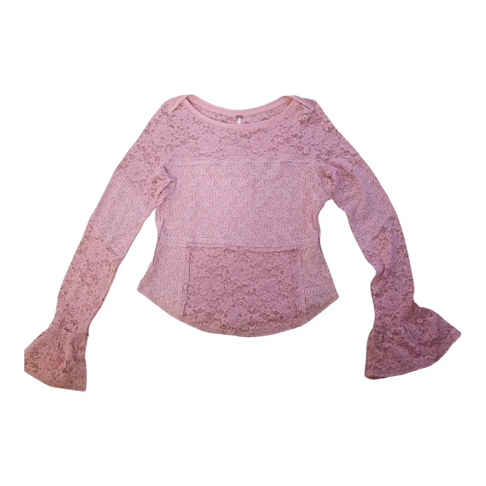 Free People Womens Lace Boat Neck Bell Sleeve Top Dusty Rose Pink Large